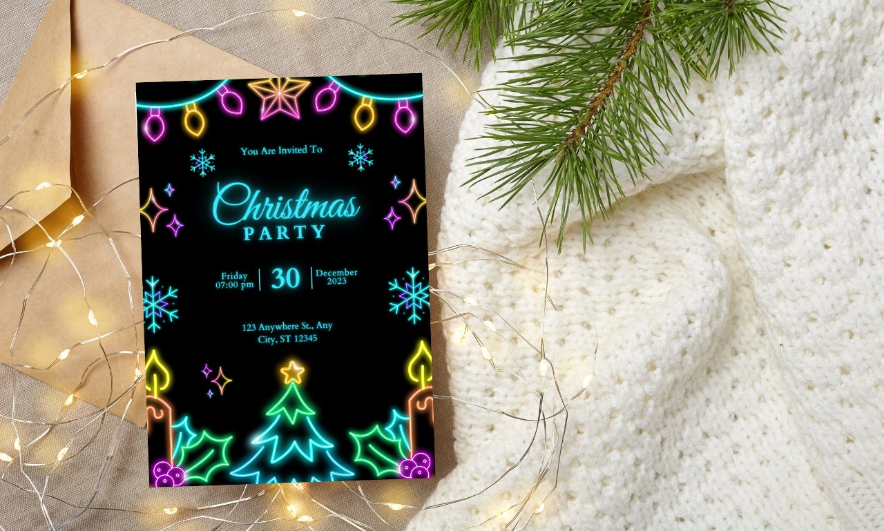 Neon Sign Invite,Christmas Party,digital template,instant download,Holiday Party,editable template,invitation template,Neon Lights Invite,Neon Christmas,Evite Invitation,text invitation,Neon Holiday,christmas evite