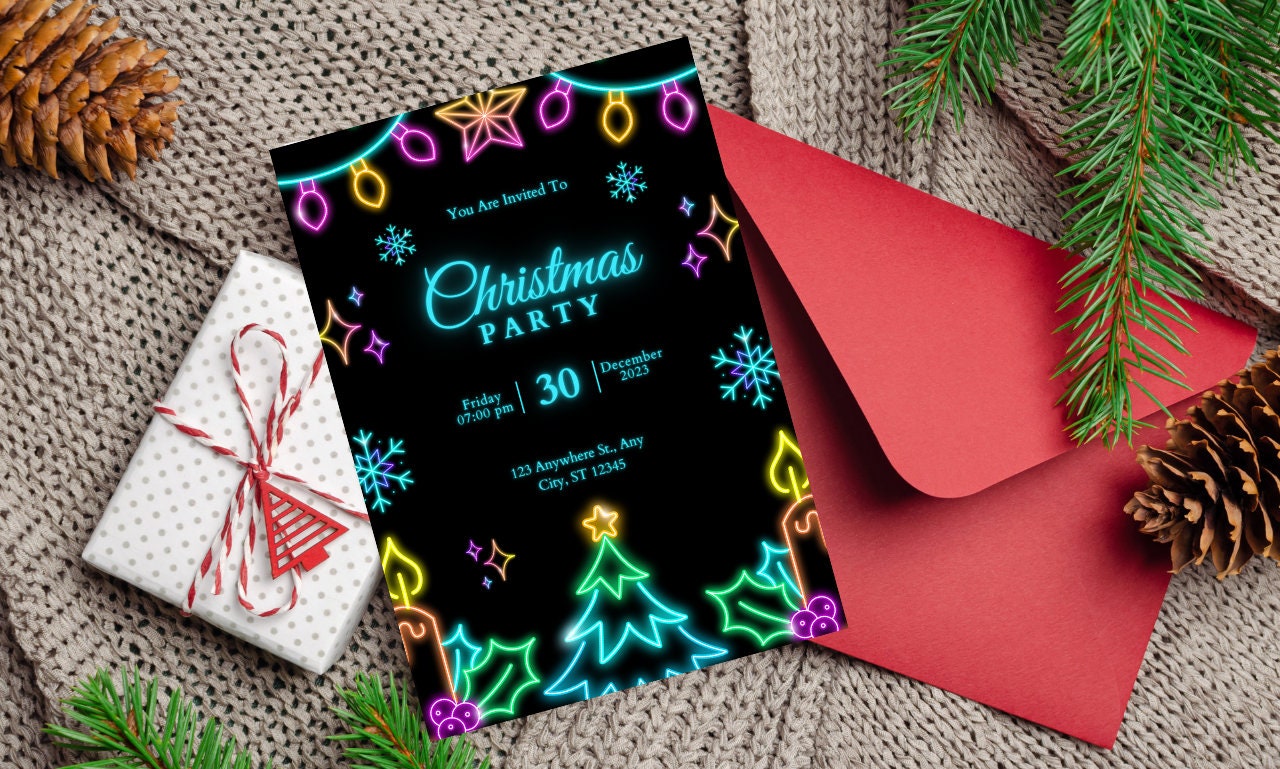 Neon Sign Invite,Christmas Party,digital template,instant download,Holiday Party,editable template,invitation template,Neon Lights Invite,Neon Christmas,Evite Invitation,text invitation,Neon Holiday,christmas evite