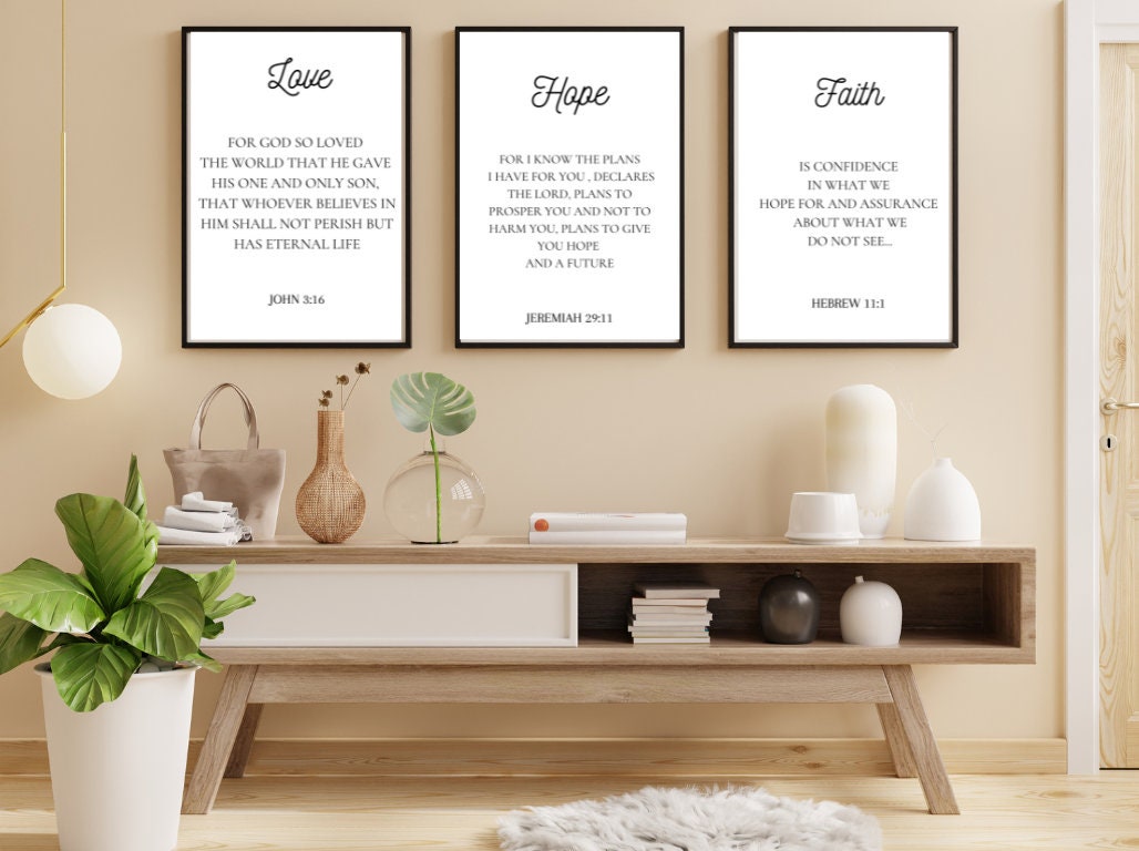 Faith Hope Love,Popular Verses,Scripture Quote,John 3 16,Jeremiah 29,Hebrews 11,Bible Verse Print,Christian Decor,Scripture Wall Art,Bible Verse Wall Art,Christian Wall Art,Set of 3 Prints,Christian Wall Decor