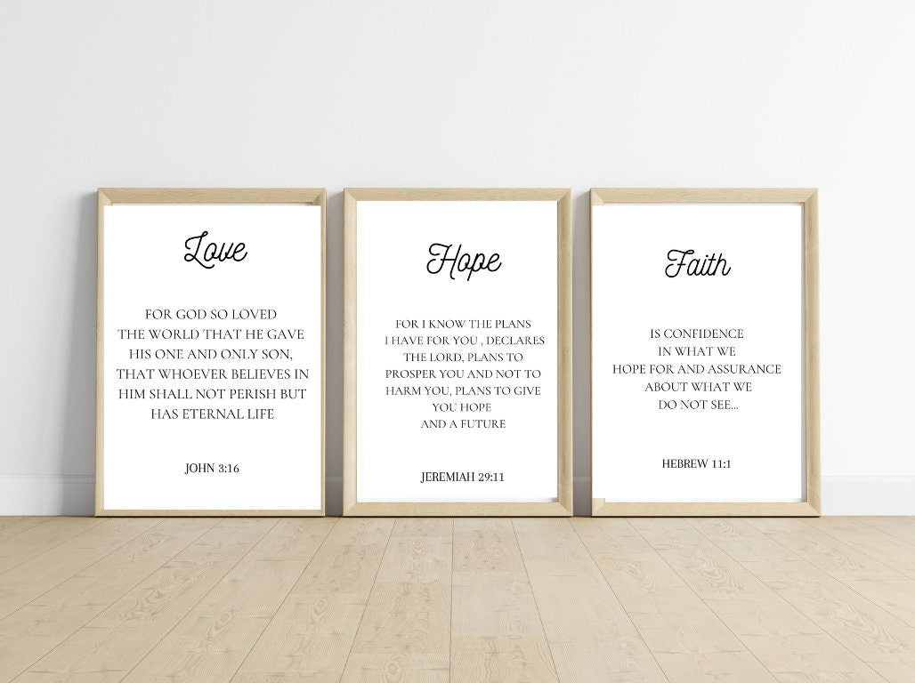 Faith Hope Love,Popular Verses,Scripture Quote,John 3 16,Jeremiah 29,Hebrews 11,Bible Verse Print,Christian Decor,Scripture Wall Art,Bible Verse Wall Art,Christian Wall Art,Set of 3 Prints,Christian Wall Decor